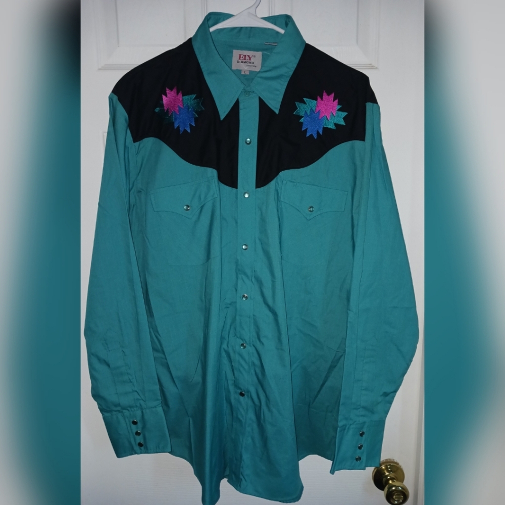 Eli Diamond Western Equestrian Shirt L Teal Green Pearl Snaps Cowboy Rodeo